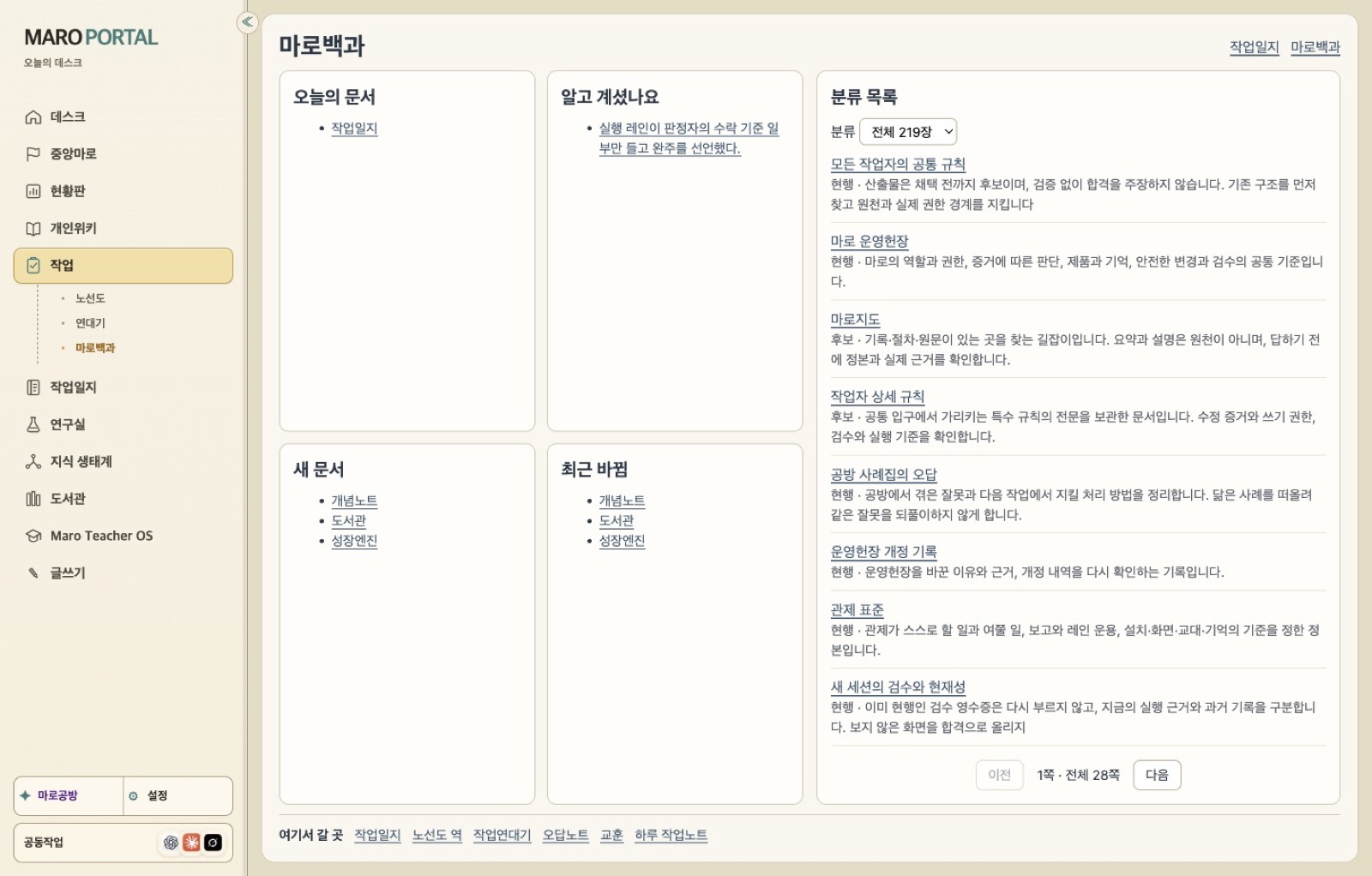 Screenshot of the Maro Portal macOS app: the work encyclopedia with a category list of 219 documents